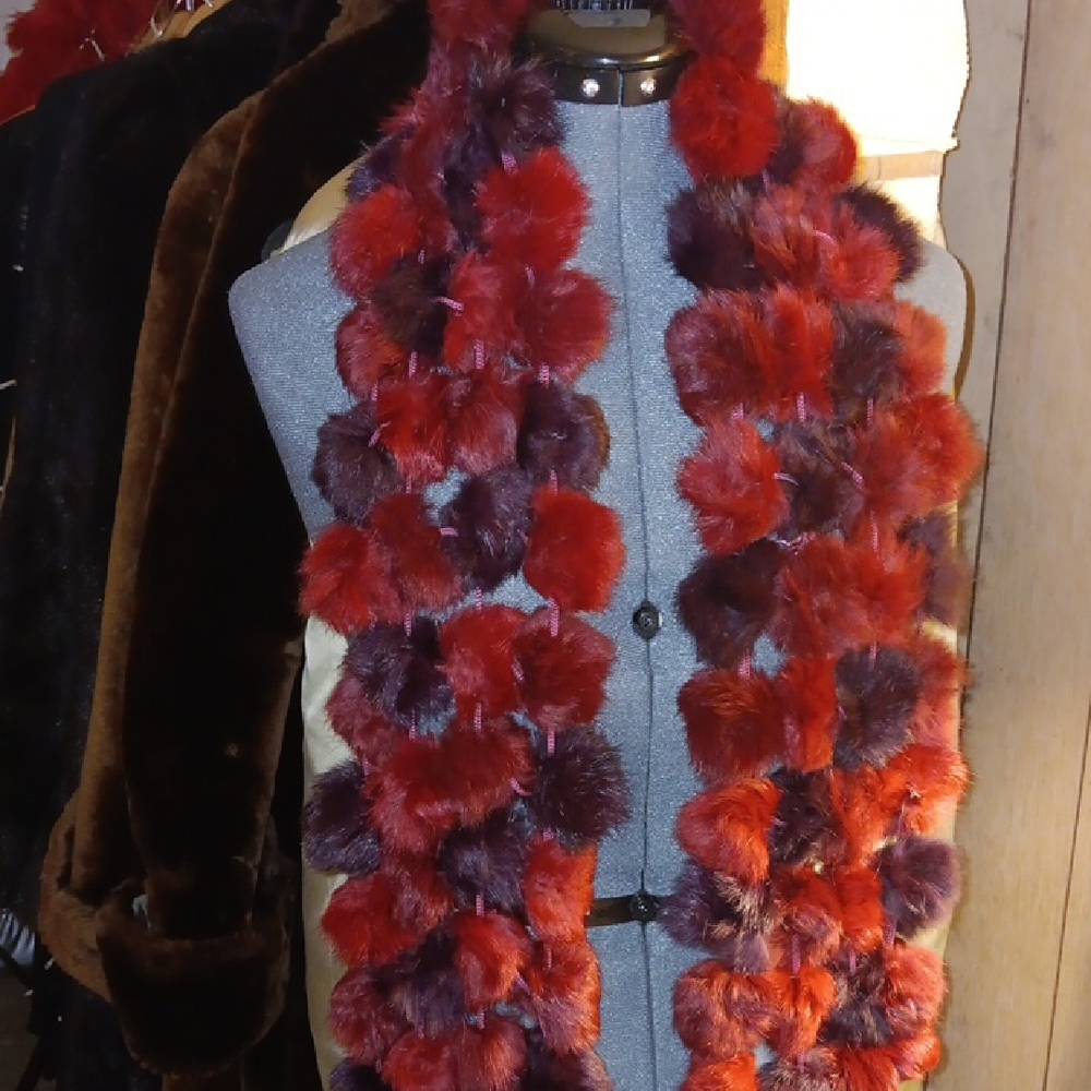 Red & Burgundy Pom Pom Fur Scarf - Women Accessories
